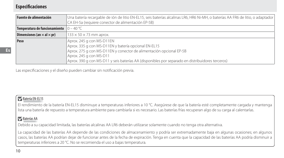 Especificaciones, Especifi caciones | Nikon Multi-Power Battery Pack G02 User Manual | Page 56 / 332