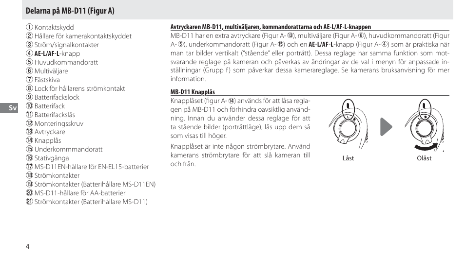 Delarna på mb-d11, Mb-d11 knapplås, Delarna på mb-d11 (figur a) | Nikon Multi-Power Battery Pack G02 User Manual | Page 70 / 332
