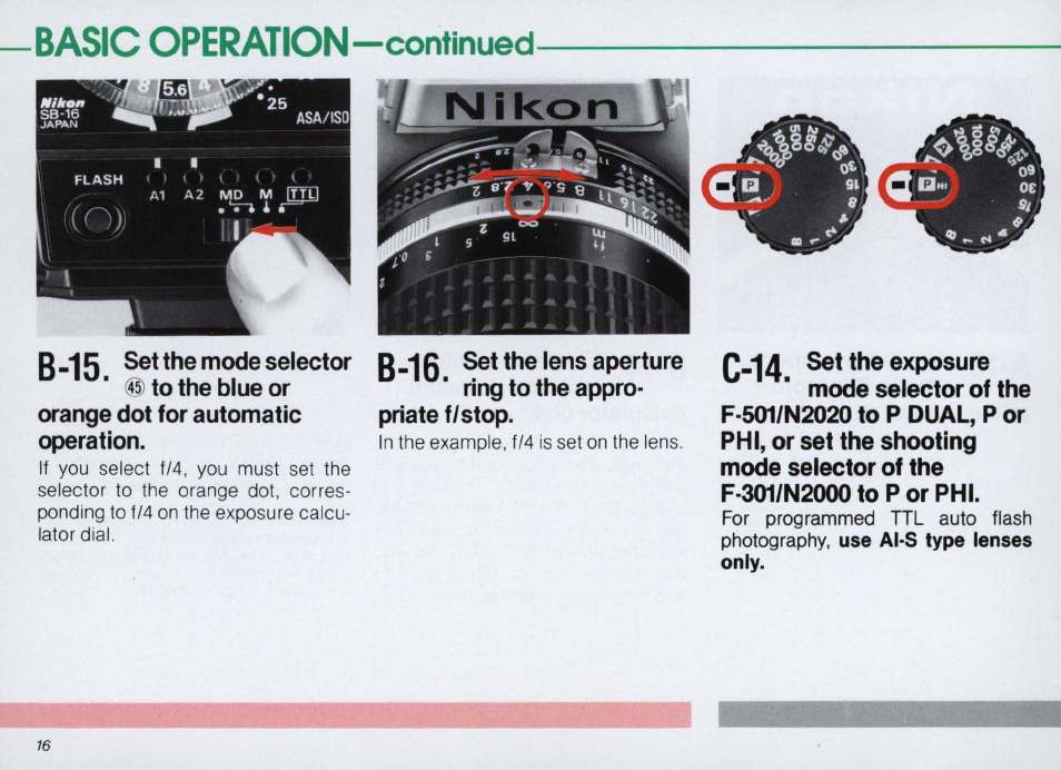 Set the zoom head d3), Basic operation —continued, Q tilt the flash head | Iq set asa/iso film speed | Nikon SPEEDLIGHT SB-16 User Manual | Page 16 / 100