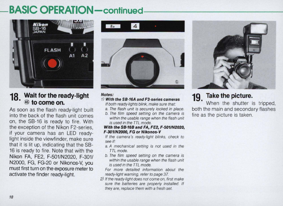 14 set the sb-16’s mode ■ selector® to ttl, Basic operation —continued | Nikon SPEEDLIGHT SB-16 User Manual | Page 18 / 100