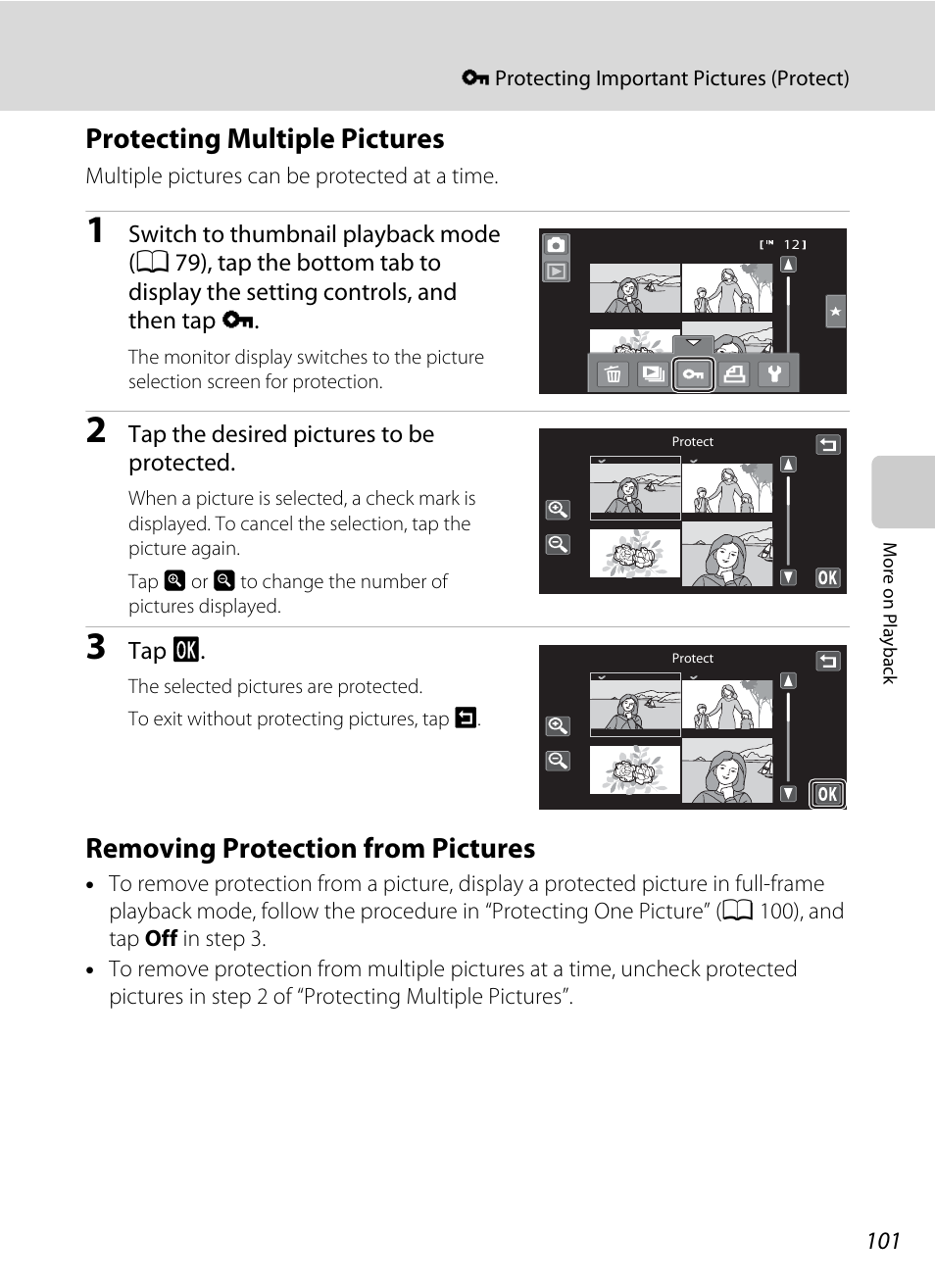 Protecting multiple pictures, Removing protection from pictures | Nikon Coolpix S80 User Manual | Page 113 / 204