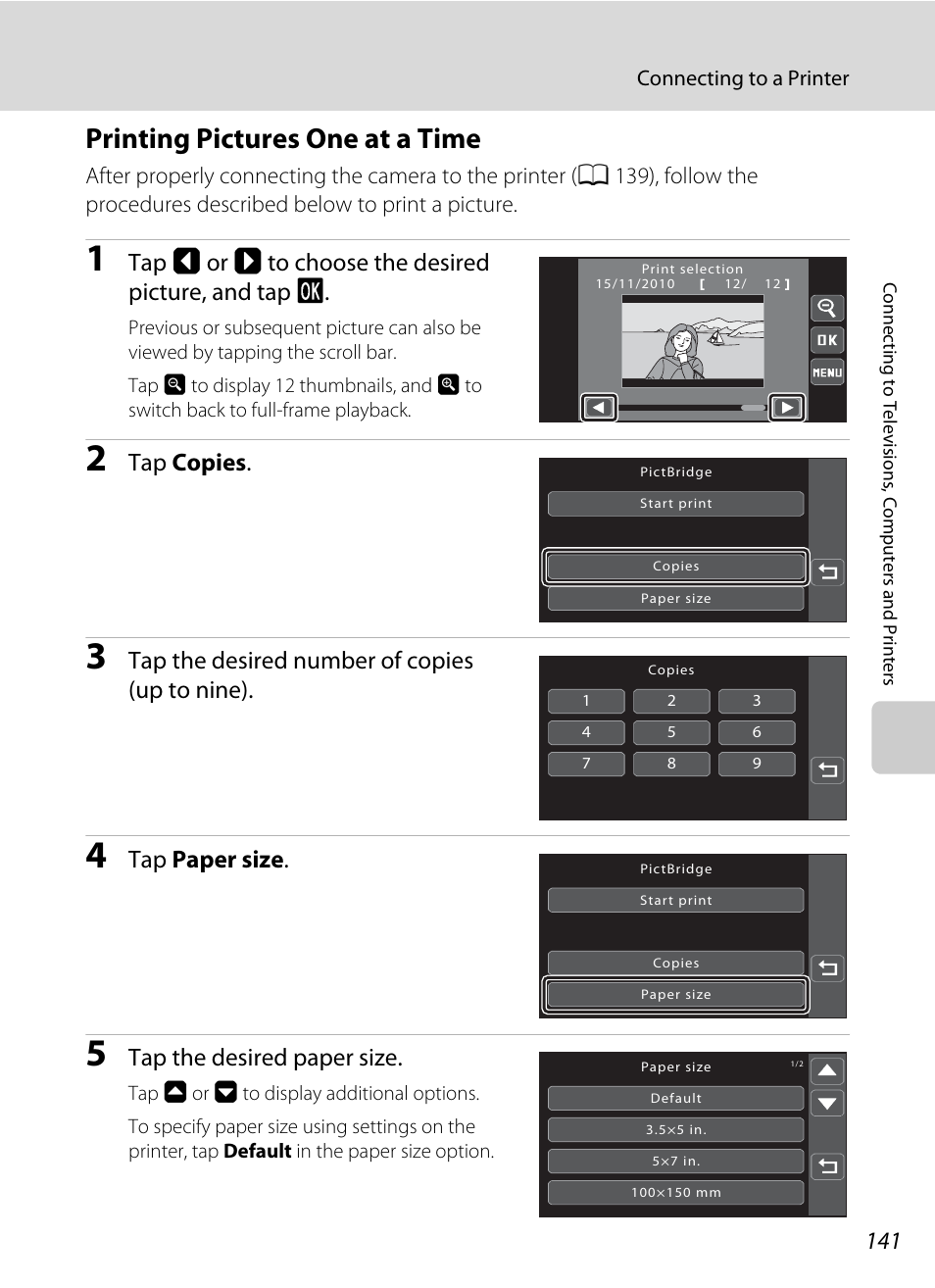 Printing pictures one at a time, A 141), Tap copies | Tap the desired number of copies (up to nine), Tap paper size, Tap the desired paper size | Nikon Coolpix S80 User Manual | Page 153 / 204