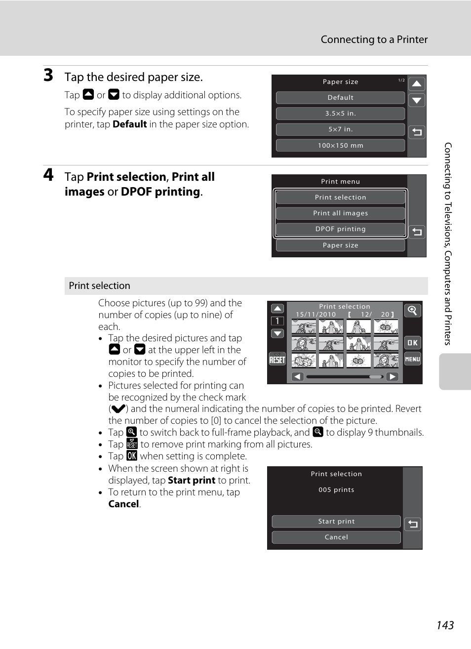 Tap the desired paper size, Connecting to a printer | Nikon Coolpix S80 User Manual | Page 155 / 204