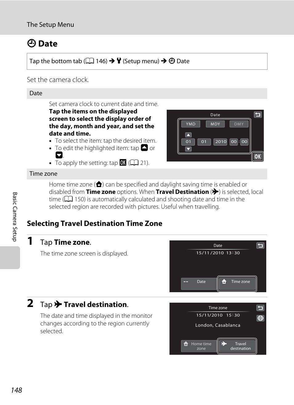 Date, D date, A 148) in | A 148), A 148, Selecting travel destination time zone, Tap time zone, Tap x travel destination, Set the camera clock, The setup menu | Nikon Coolpix S80 User Manual | Page 160 / 204