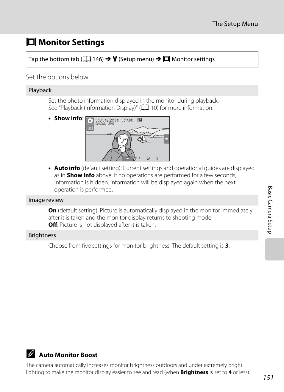 Monitor settings, E monitor settings, A 151) i | After a few seconds elapse, A 151), A 151, Set the options below, The setup menu, Auto monitor boost | Nikon Coolpix S80 User Manual | Page 163 / 204