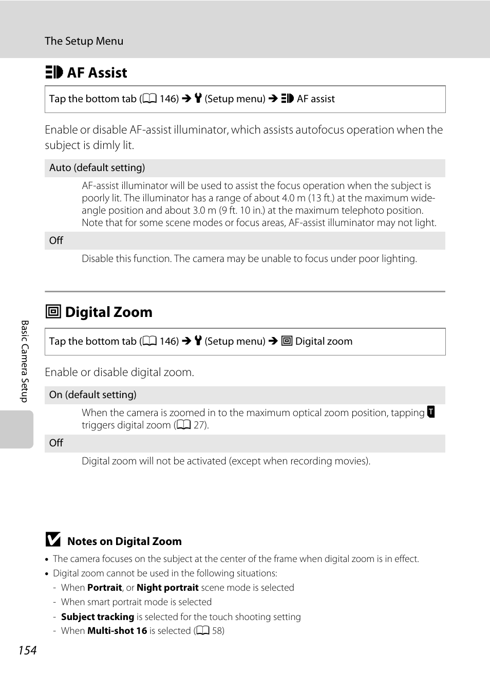 Af assist, Digital zoom, H af assist u digital zoom | A 154) in, A 154) may l, A 154), Ee “notes on digital zoom, A 154, H af assist, U digital zoom | Nikon Coolpix S80 User Manual | Page 166 / 204