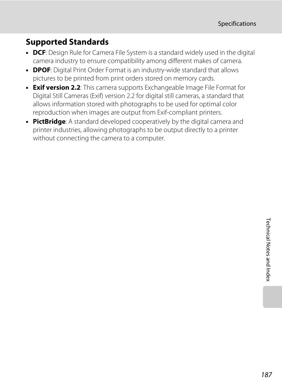 Supported standards, A 187) whi, Tible | A 187) printers | Nikon Coolpix S80 User Manual | Page 199 / 204