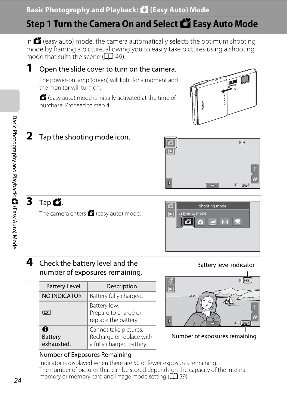 Basic photography and playback: easy auto mode, Basic photography and playback: g (easy auto) mode, Open the slide cover to turn on the camera | Tap the shooting mode icon, Tap g | Nikon Coolpix S80 User Manual | Page 36 / 204