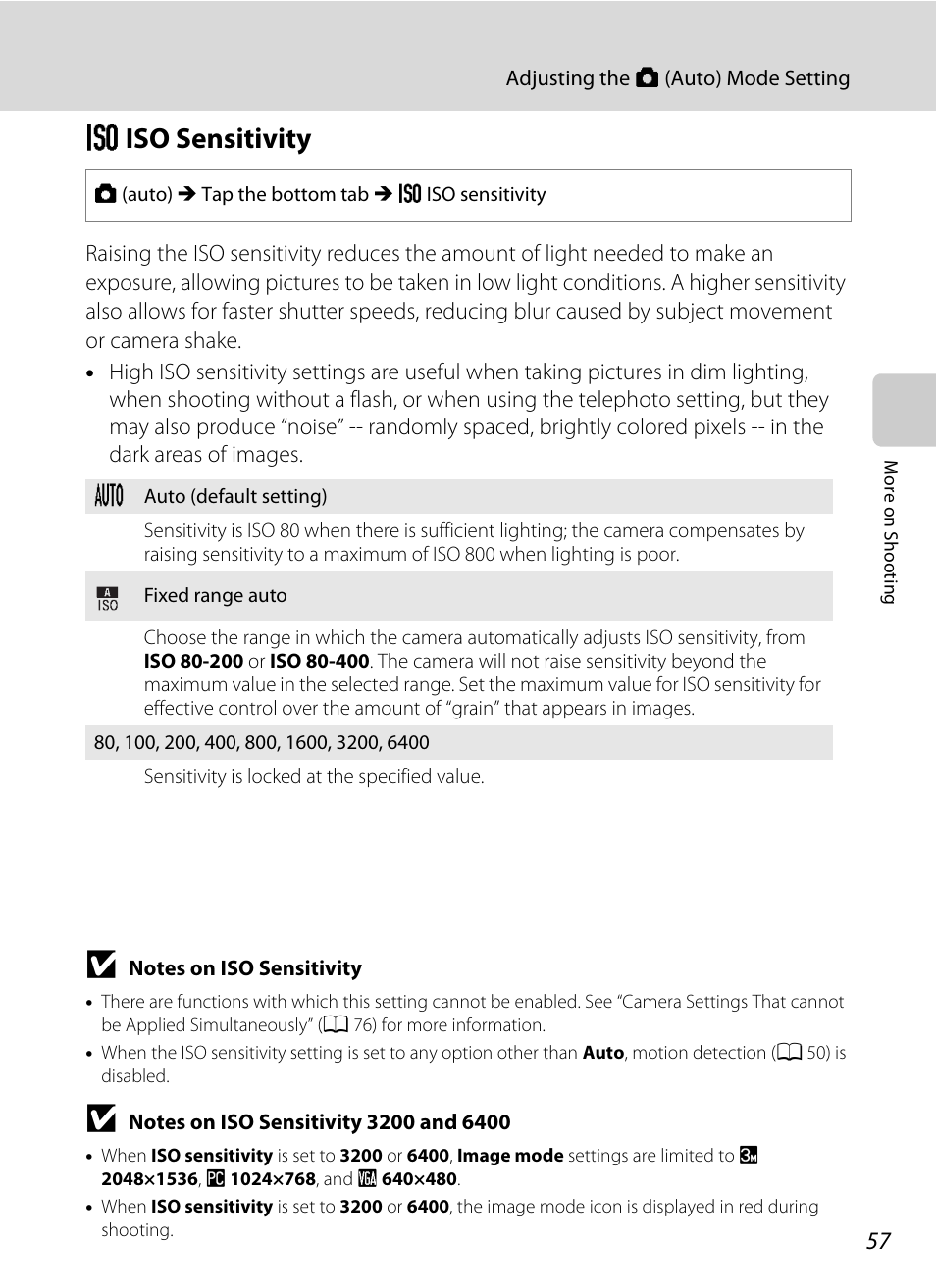 Iso sensitivity, E iso sensitivity | Nikon Coolpix S80 User Manual | Page 69 / 204