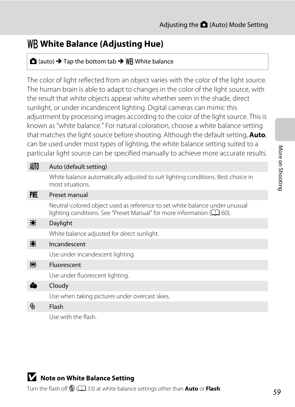 White balance (adjusting hue), W white balance (adjusting hue) | Nikon Coolpix S80 User Manual | Page 71 / 204