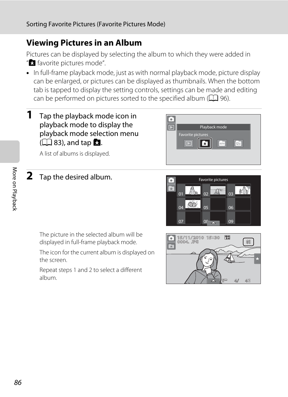 Viewing pictures in an album, Tap the desired album, Sorting favorite pictures (favorite pictures mode) | Nikon Coolpix S80 User Manual | Page 98 / 204