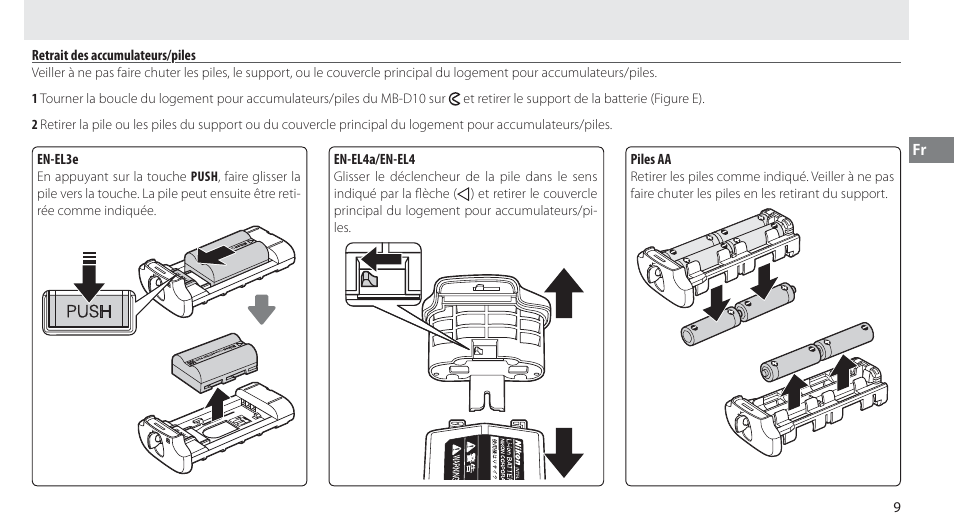 Retrait des accumulateurs/piles | Nikon MB-D10 User Manual | Page 44 / 150
