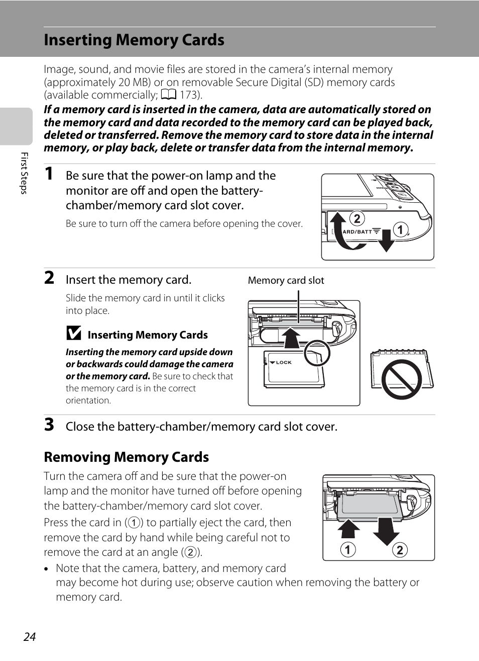 Inserting memory cards, Removing memory cards | Nikon Coolpix S4100 User Manual | Page 36 / 208