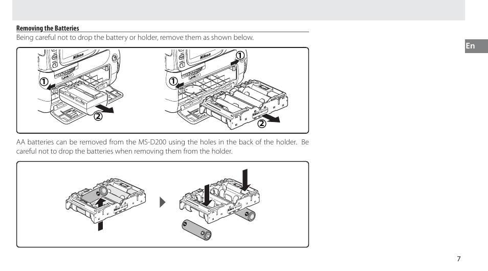 Removing the batteries | Nikon MB-D80 User Manual | Page 22 / 138