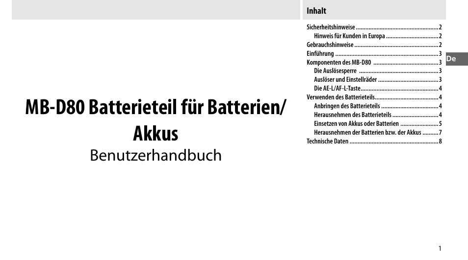 Mb-d80 batterieteil für batterien/ akkus, Benutzerhandbuch | Nikon MB-D80 User Manual | Page 24 / 138