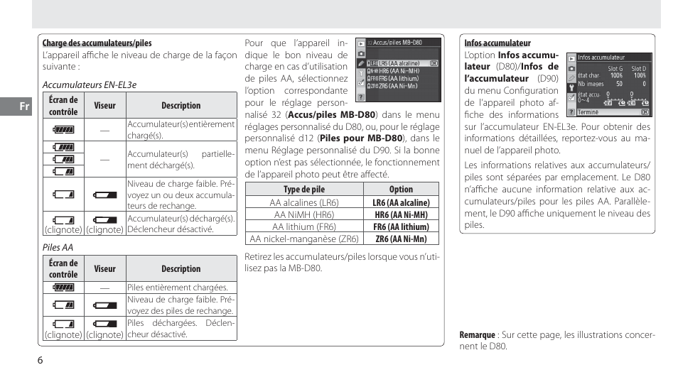 Charge des accumulateurs/piles, Infos accumulateur | Nikon MB-D80 User Manual | Page 37 / 138