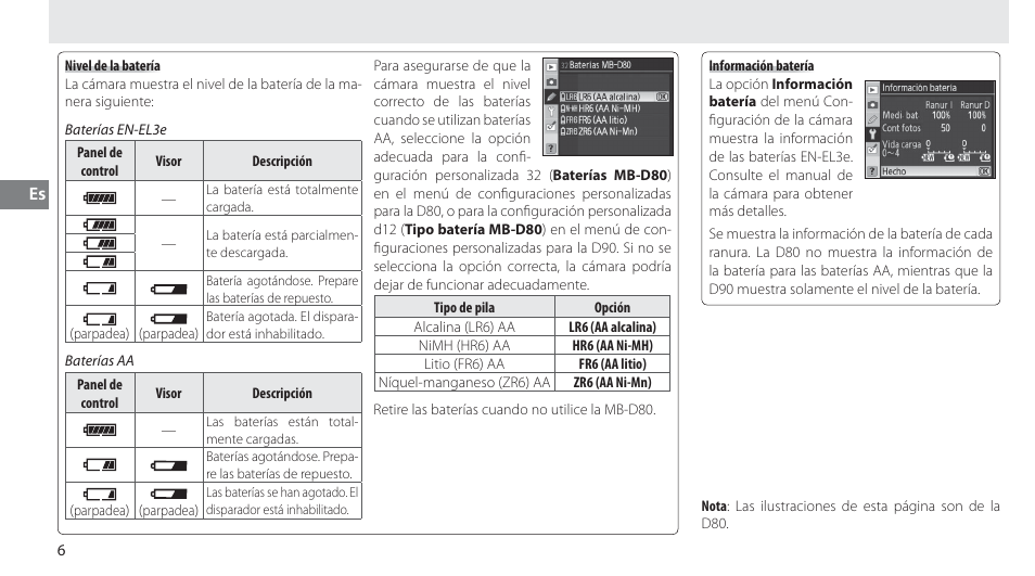 Nivel de la batería, Información batería | Nikon MB-D80 User Manual | Page 45 / 138