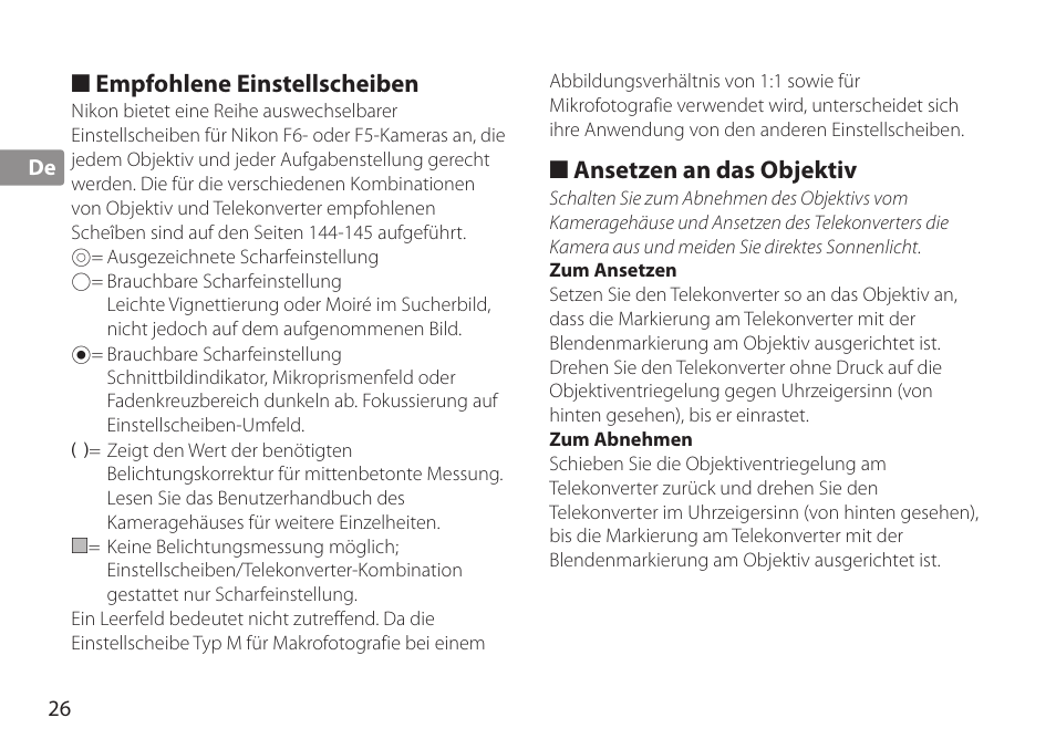 Empfohlene einstellscheiben, Ansetzen an das objektiv, Zum ansetzen | Zum abnehmen | Nikon AF-S TC-20E III User Manual | Page 26 / 148