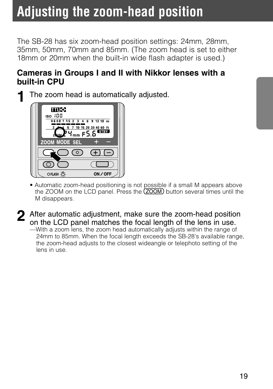Adjusting the zoom-head position | Nikon SB-28 User Manual | Page 19 / 97