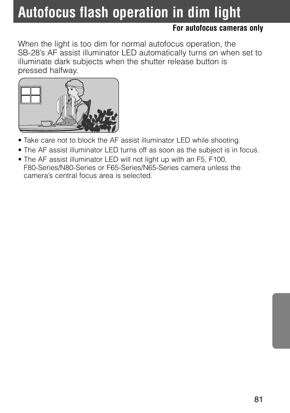 Autofocus flash operation in dim light | Nikon SB-28 User Manual | Page 81 / 97