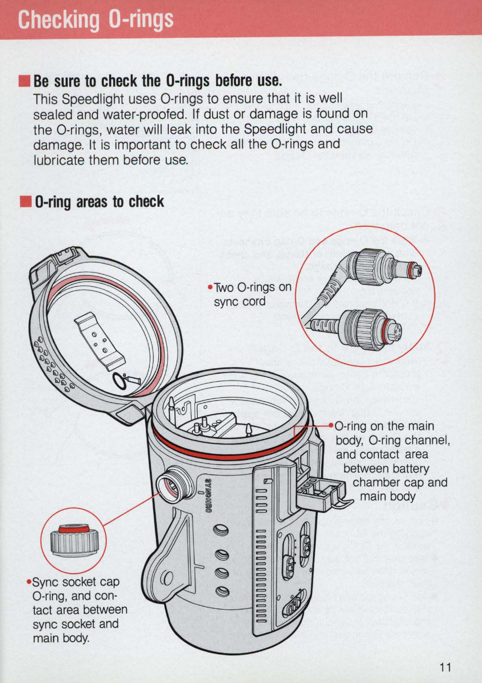 Checking 0-rings, I be sure to check the 0-rings before use, I o-ring areas to check | O-ring areas to check | Nikon 58-104 User Manual | Page 11 / 72