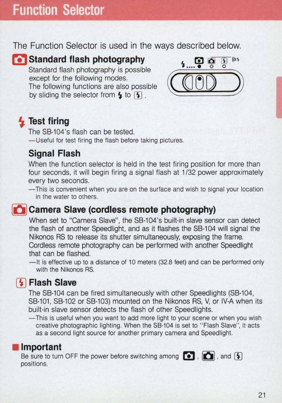 Function selector, 3 standard flash photography, Test firing | Signai flash, Q) camera slave (cordless remote photography), 5] flash slave, I important | Nikon 58-104 User Manual | Page 21 / 72