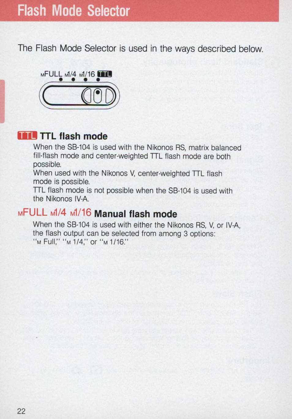 Flash mode selector, Ao ttl flash mode, Mfull m1/4 m1/16 manual flash mode | X to), Full | Nikon 58-104 User Manual | Page 22 / 72