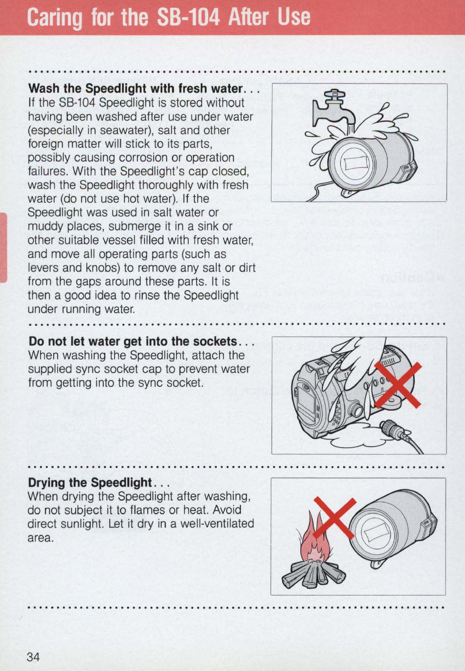 Caring for the sb-104 after use | Nikon 58-104 User Manual | Page 34 / 72
