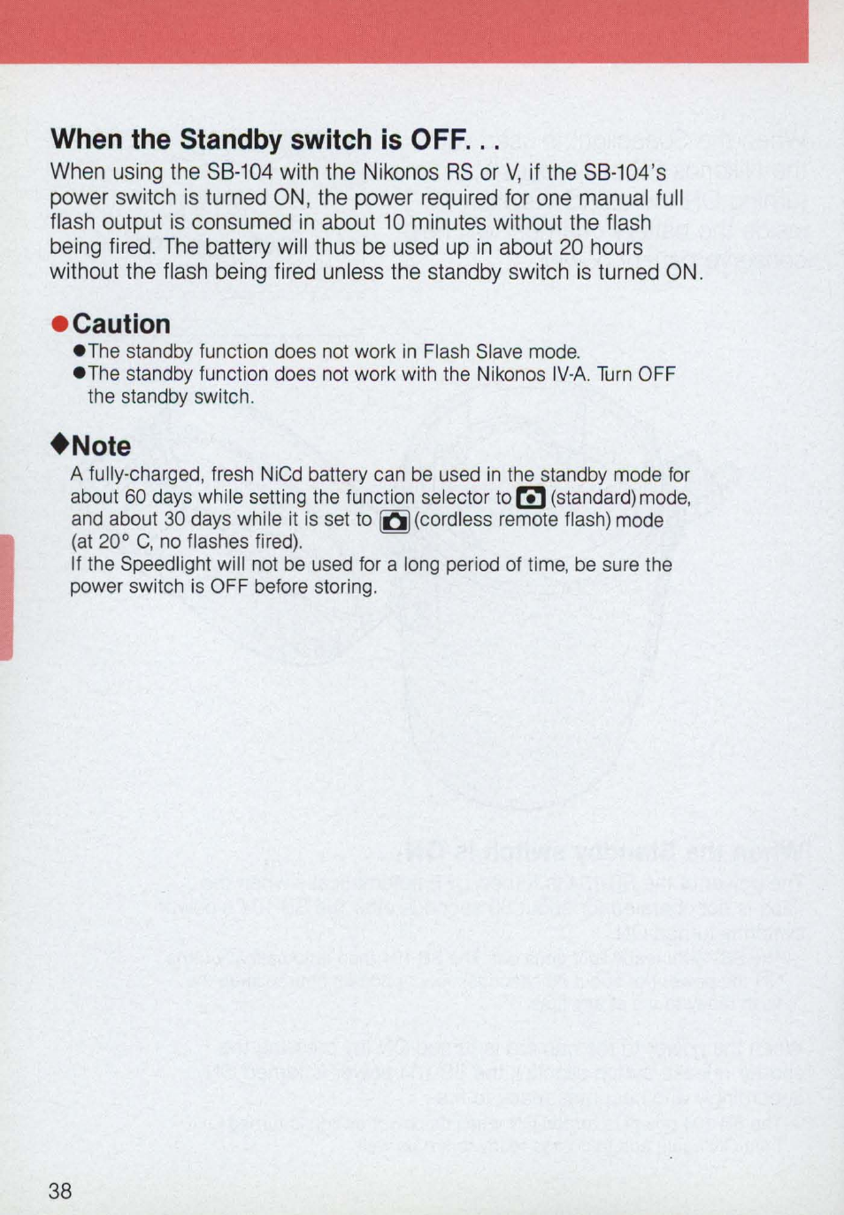 When the standby switch is off, Caution, Note | When the standby switch is o f f | Nikon 58-104 User Manual | Page 38 / 72