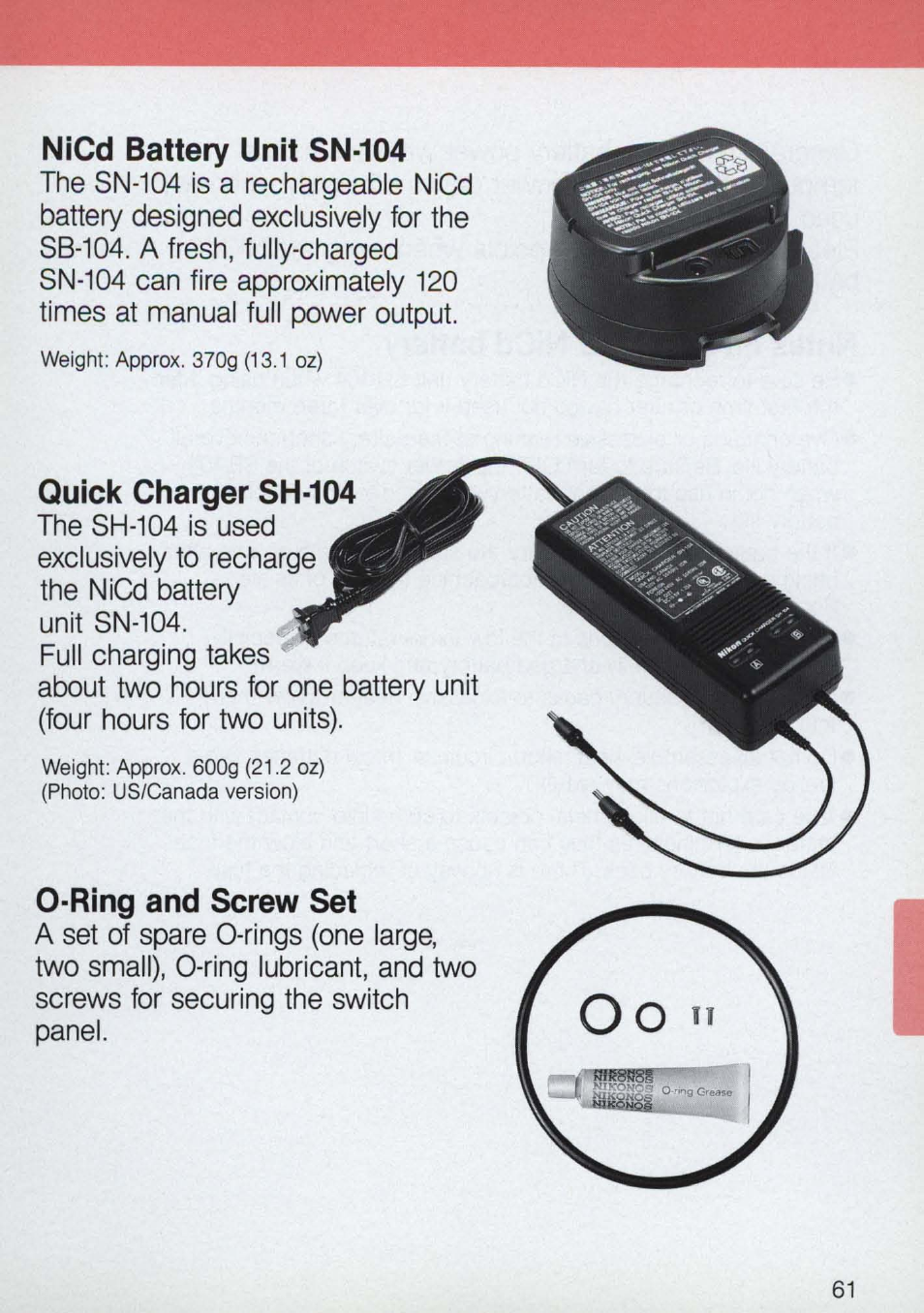 Nicd battery unit sn-104, Quick charger sh-104, Ring and screw set | Nikon 58-104 User Manual | Page 61 / 72