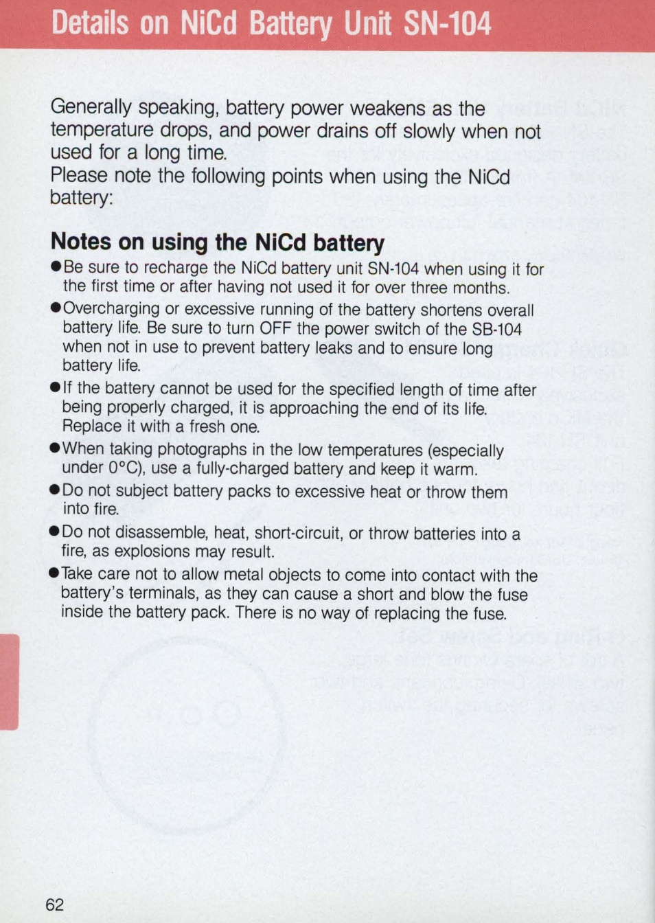 Details on nicd battery unit sn-104, Notes on using the nicd battery | Nikon 58-104 User Manual | Page 62 / 72
