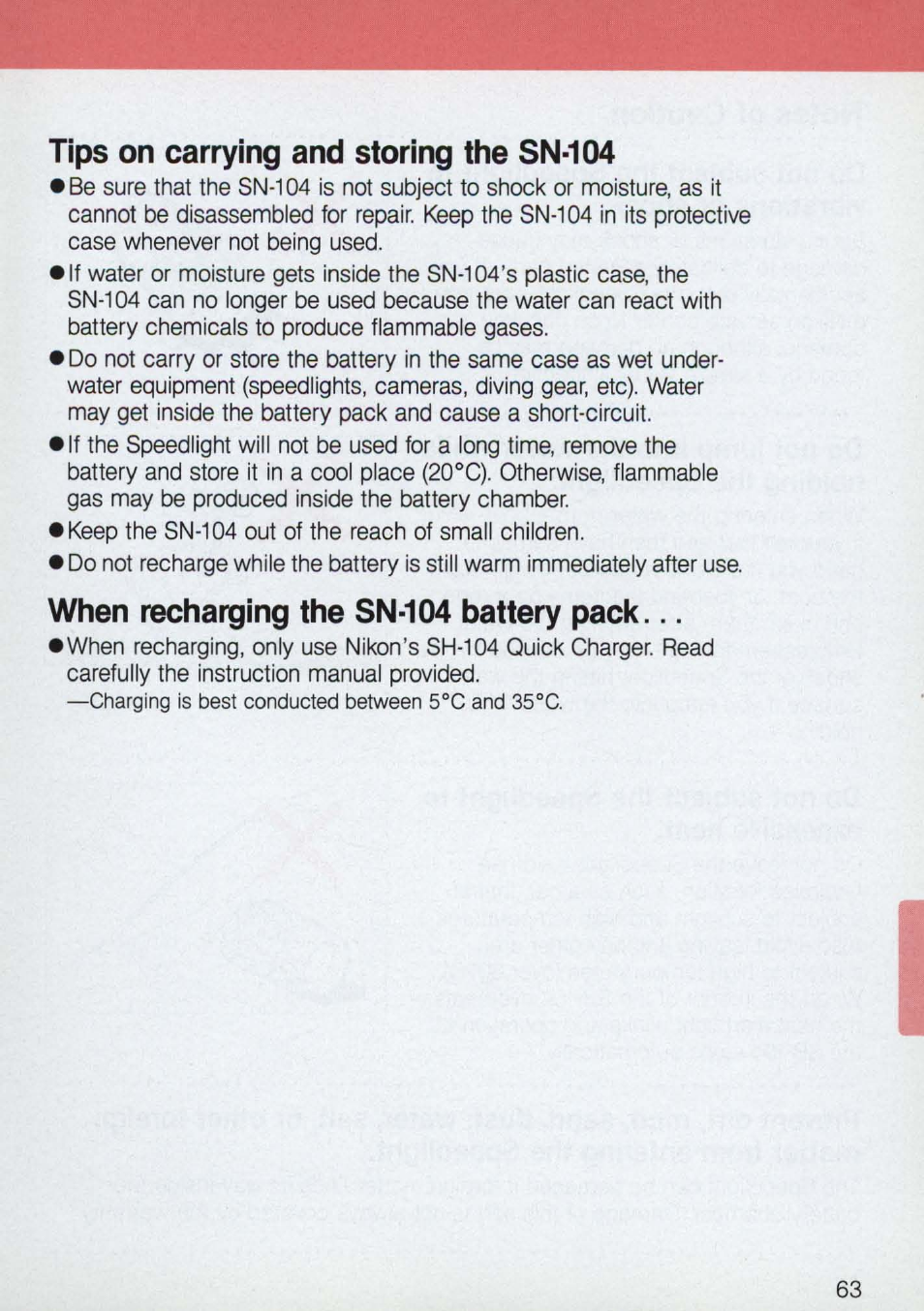 Tips on carrying and storing the sn-104, When recharging the sn-104 battery pack | Nikon 58-104 User Manual | Page 63 / 72