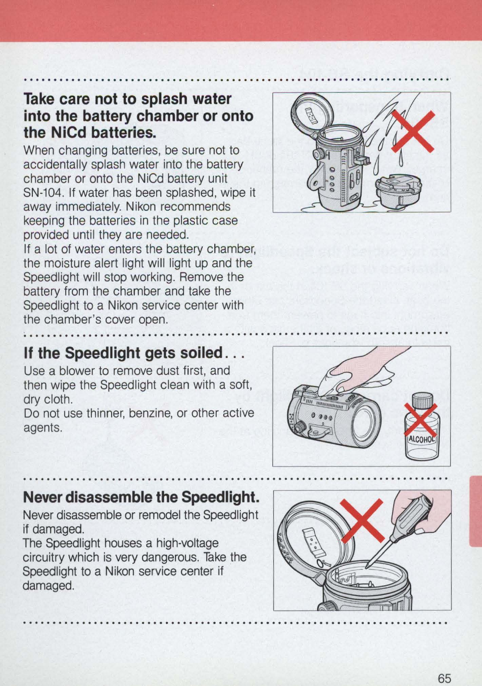 If the speediight gets soiled, Never disassemble the speediight | Nikon 58-104 User Manual | Page 65 / 72