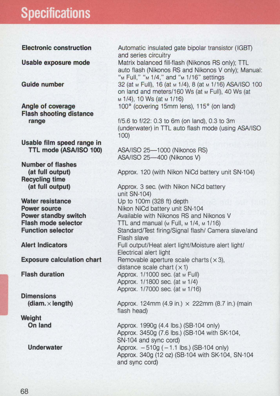 Specifications | Nikon 58-104 User Manual | Page 68 / 72