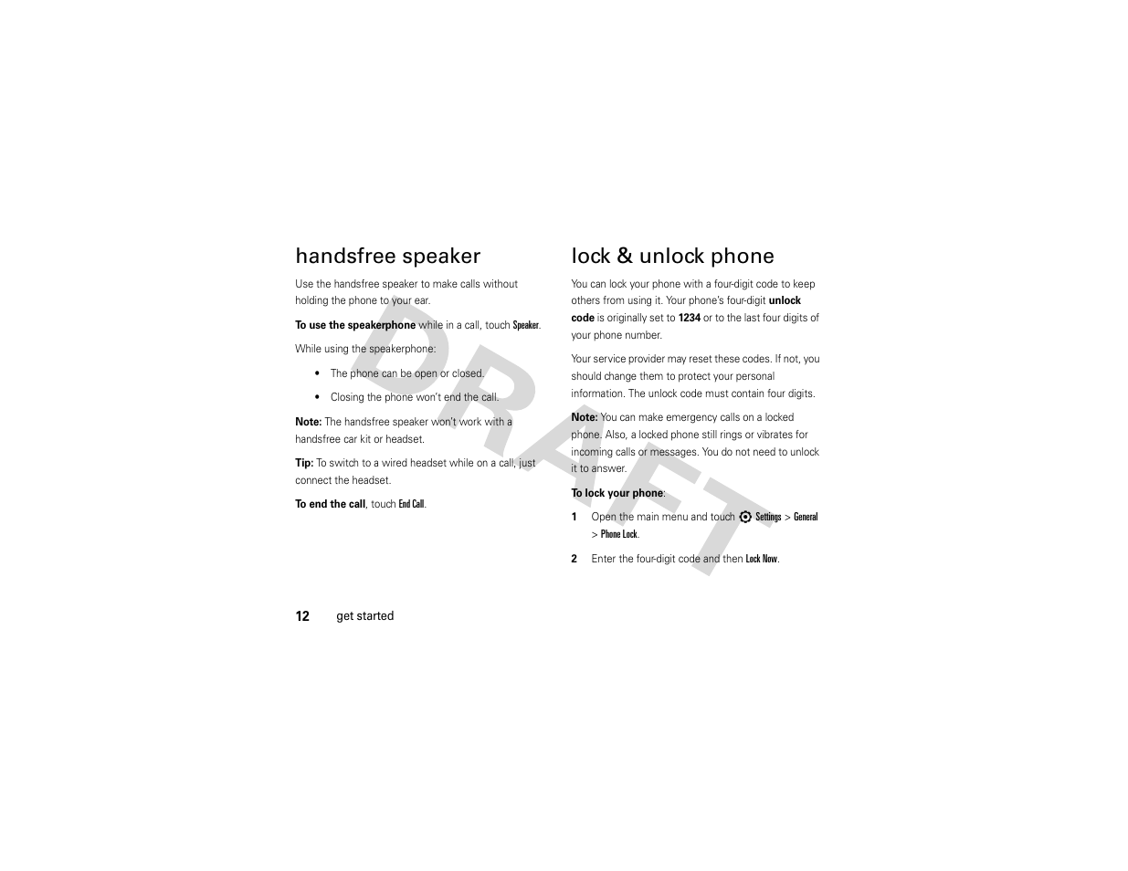 Handsfree speaker, Lock & unlock phone | Nikon MOTO QA4 User Manual | Page 14 / 66