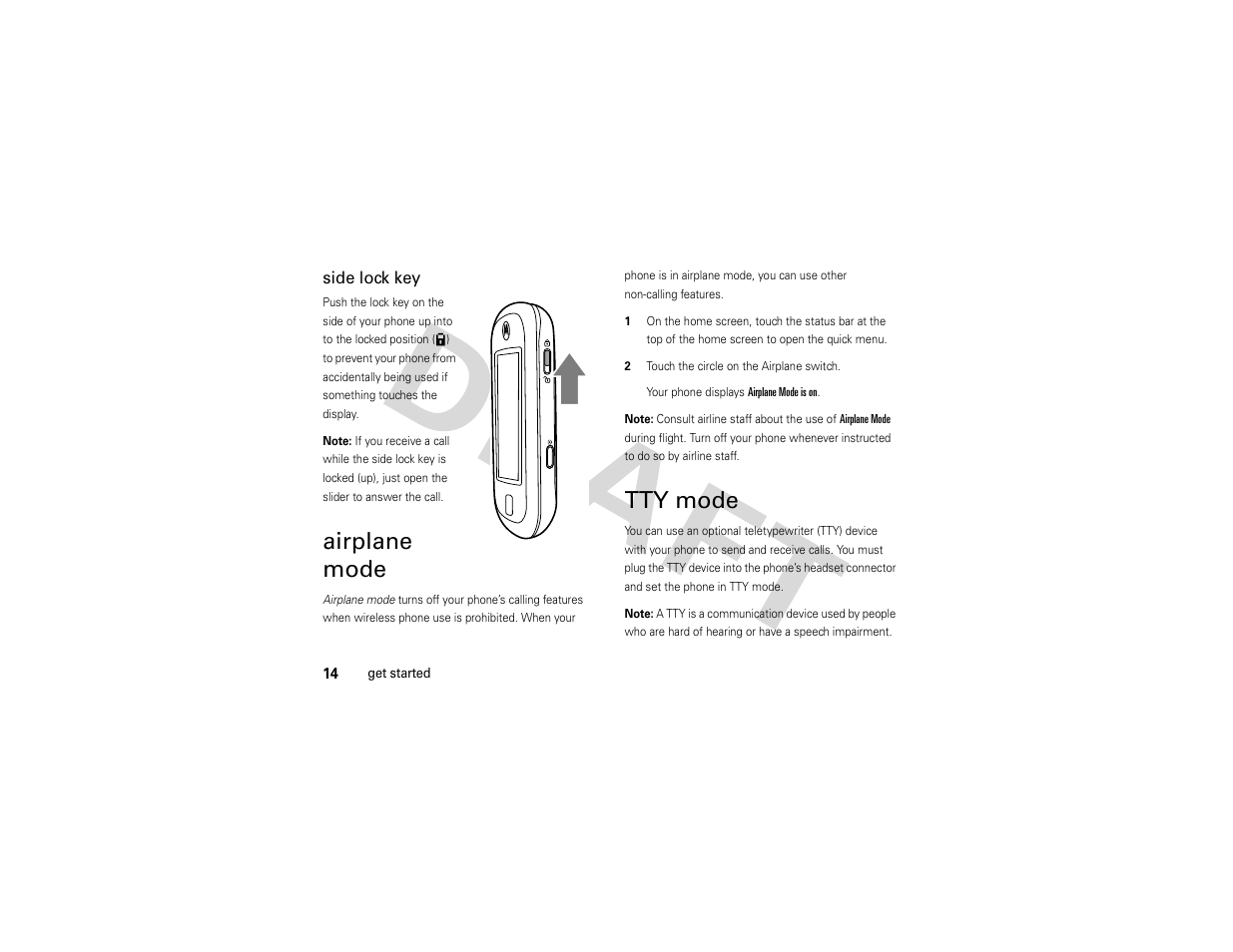 Airplane mode, Tty mode, Side lock key | Nikon MOTO QA4 User Manual | Page 16 / 66