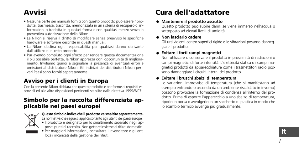 It avvisi, Cura dell'adattatore | Nikon PD-10 User Manual | Page 107 / 120