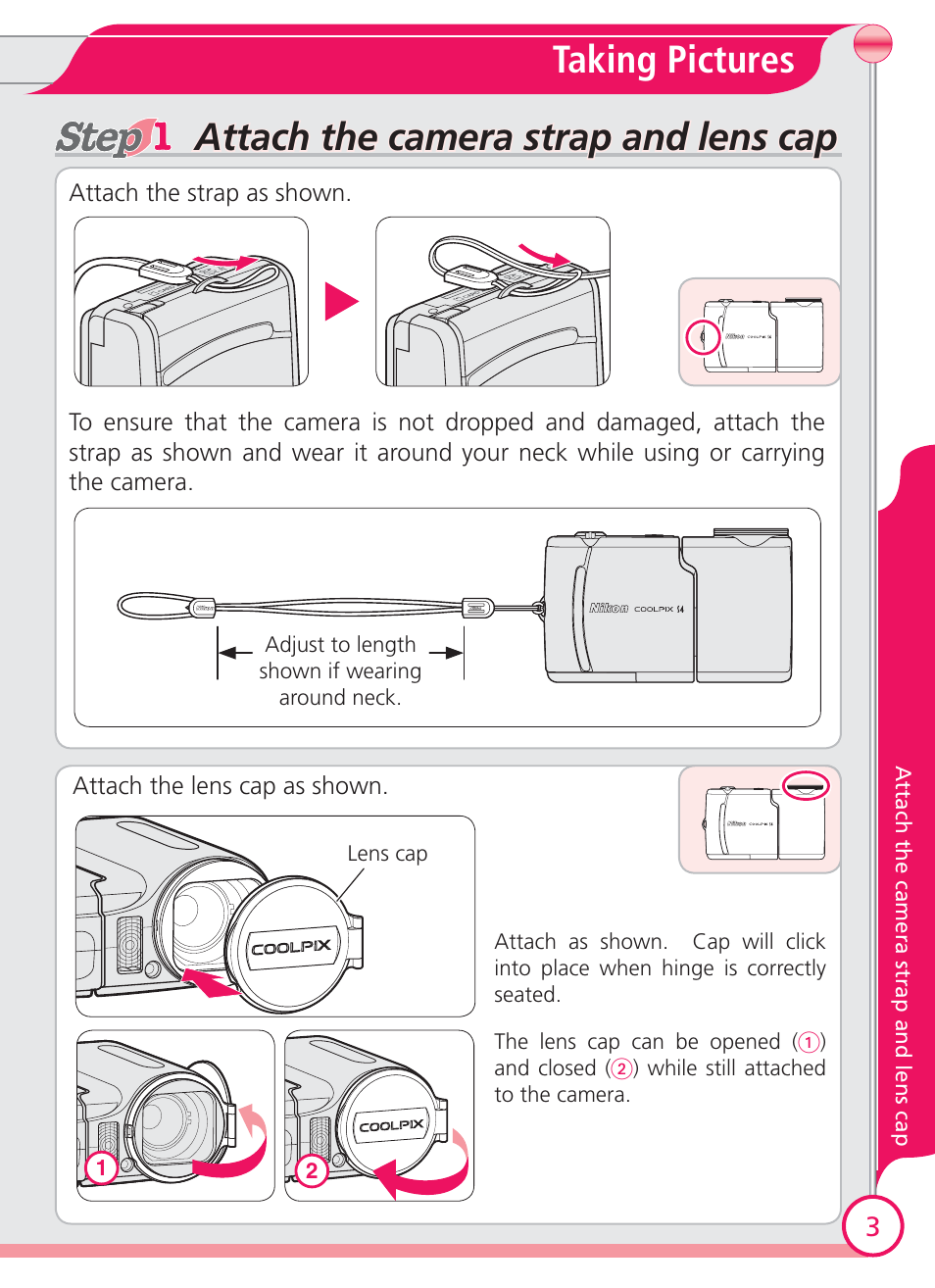 Taking pictures, Attach the camera and lens cap | Nikon Coolpix S4 User Manual | Page 3 / 28