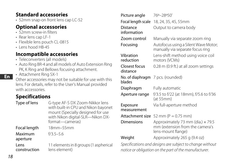 Standard accessories, Optional accessories, Incompatible accessories | Specifications | Nikon AF-S DX NIKKOR 18-55mm f/3.5-5.6GVR ED User Manual | Page 18 / 104