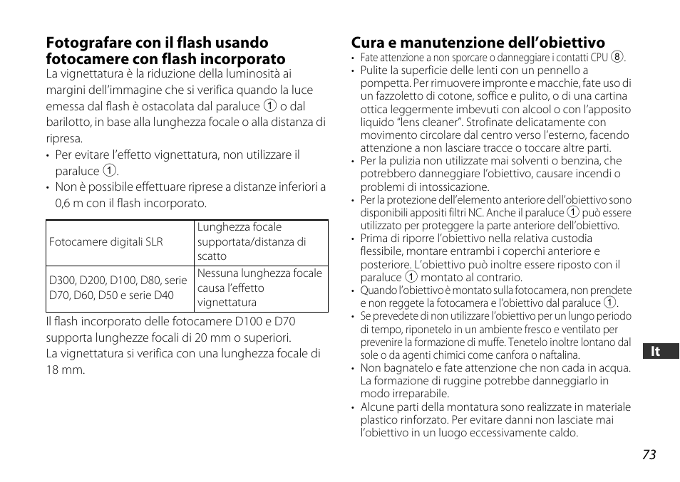 Cura e manutenzione dell’obiettivo, Cpu (p. 73 | Nikon AF-S DX NIKKOR 18-55mm f/3.5-5.6GVR ED User Manual | Page 73 / 104
