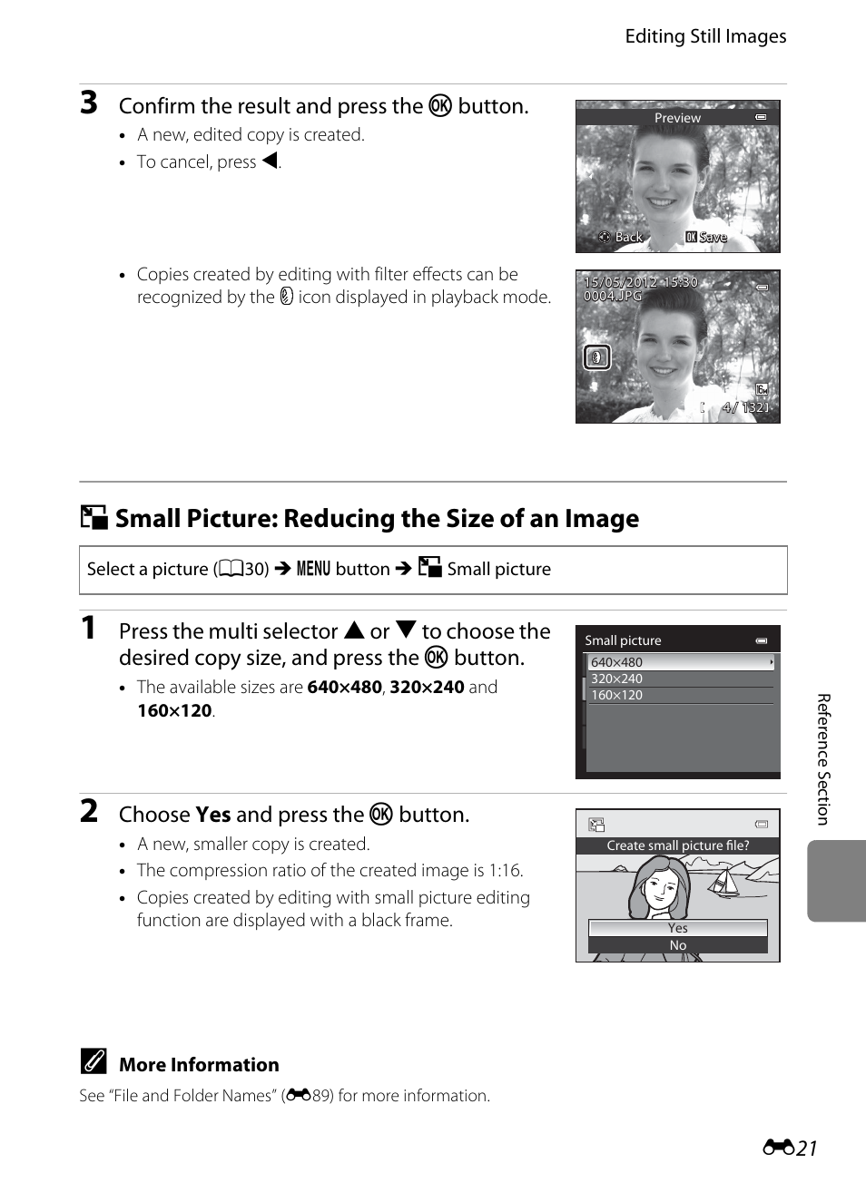 Small picture: reducing the size of an image, G small picture: reducing the size of an image, Confirm the result and press the k button | Choose yes and press the k button | Nikon Coolpix S9300 User Manual | Page 141 / 244