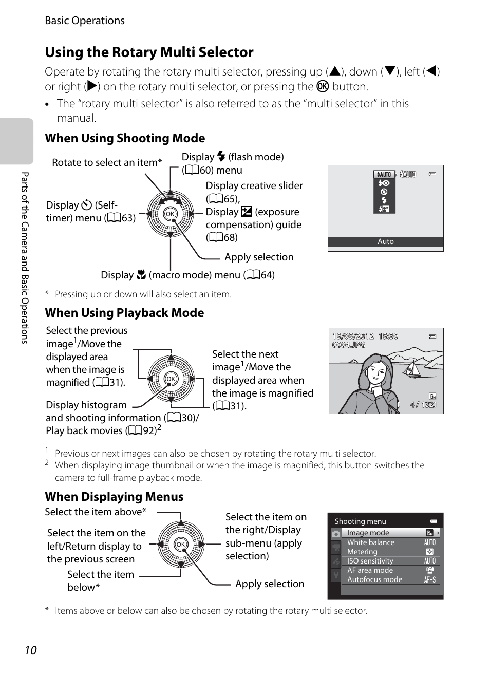 Using the rotary multi selector, When using shooting mode, When using playback mode | When displaying menus | Nikon Coolpix S9300 User Manual | Page 28 / 244