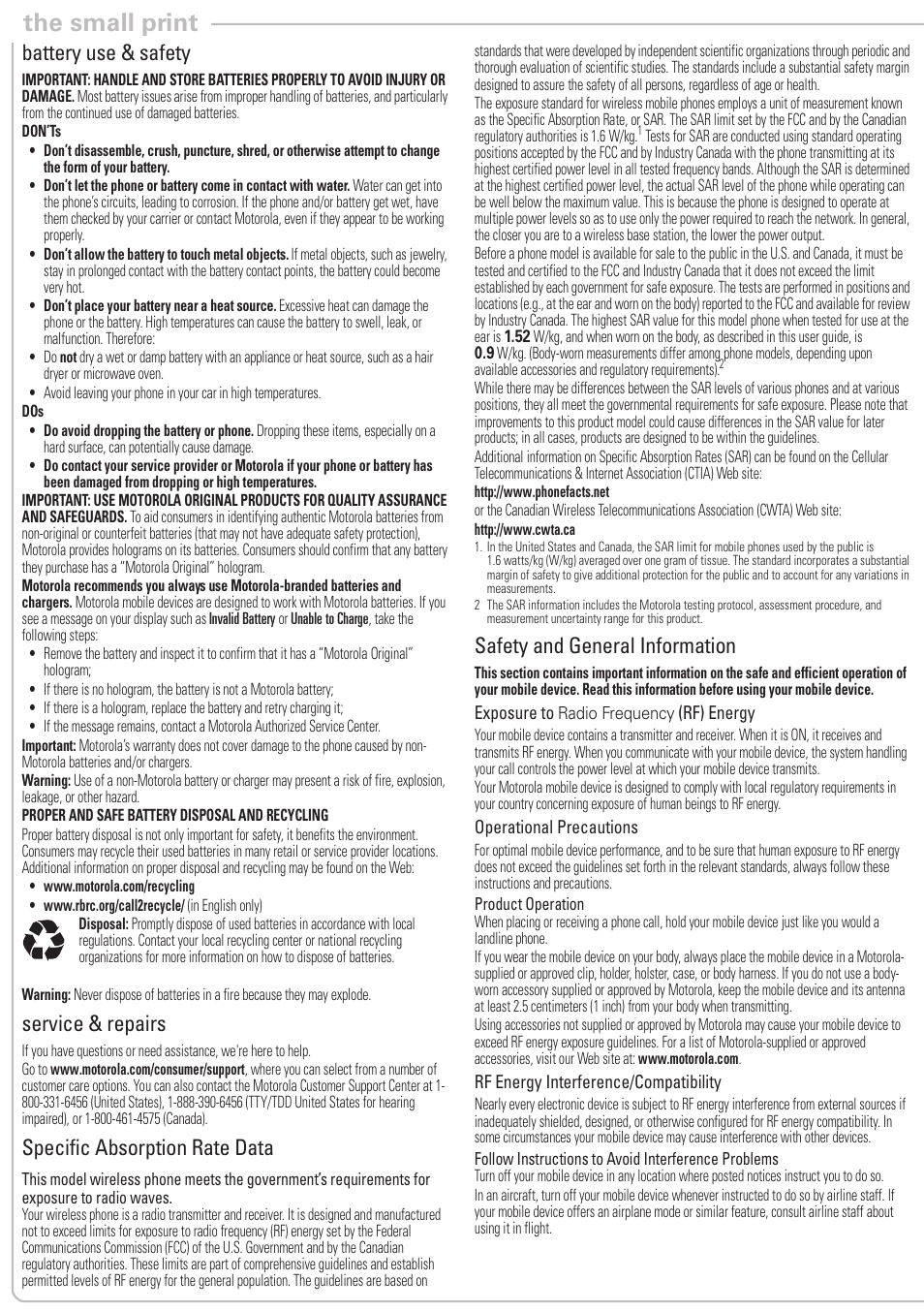 The small print, Battery use & safety, Service & repairs | Specific absorption rate data, Safety and general information | Nikon MOTO VE240 User Manual | Page 6 / 10