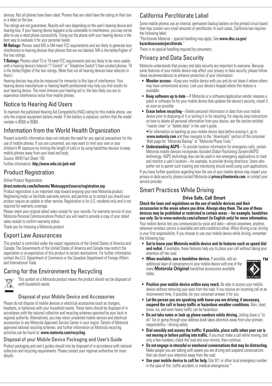 Notice to hearing aid users, Information from the world health organization, Product registration | Export law assurances, Caring for the environment by recycling, California perchlorate label, Privacy and data security, Smart practices while driving, Disposal of your mobile device and accessories | Nikon MOTO VE240 User Manual | Page 9 / 10