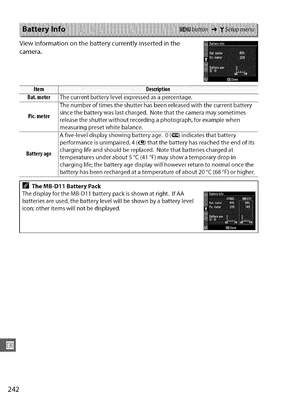 Description, M the mb-d11 battery pack, Battery info | Nikon D7000 User Manual | Page 8 / 94