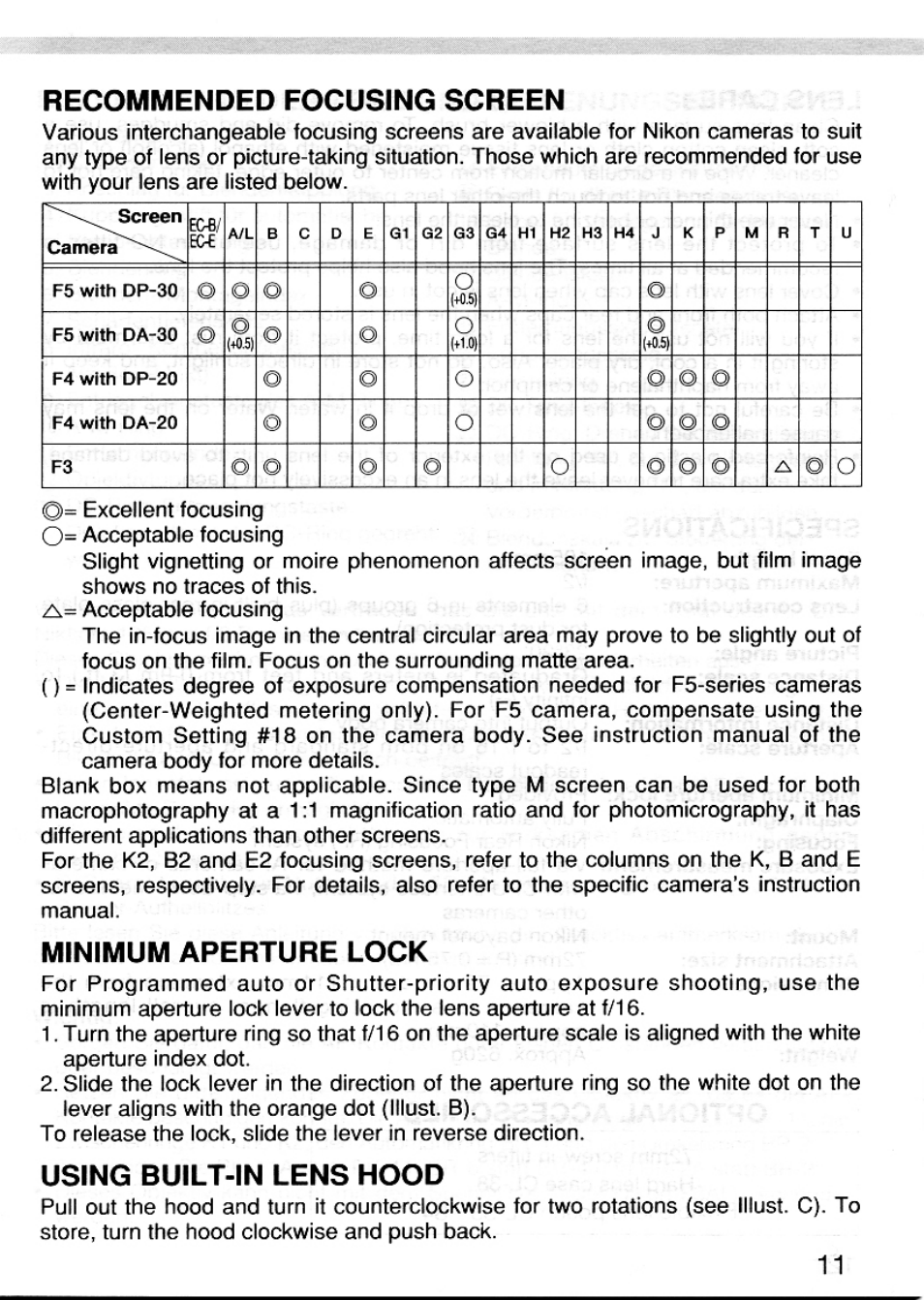 Minimum aperture lock, Using built-in lens hood, Recommended focusing screen | Nikon AF DC-Nikkor 105mm f/2 D User Manual | Page 4 / 5