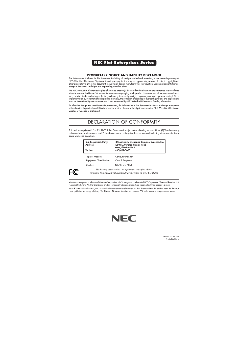 Declaration of conformity, Nec flat enterprises series | NEC FE991SB User Manual | Page 24 / 41