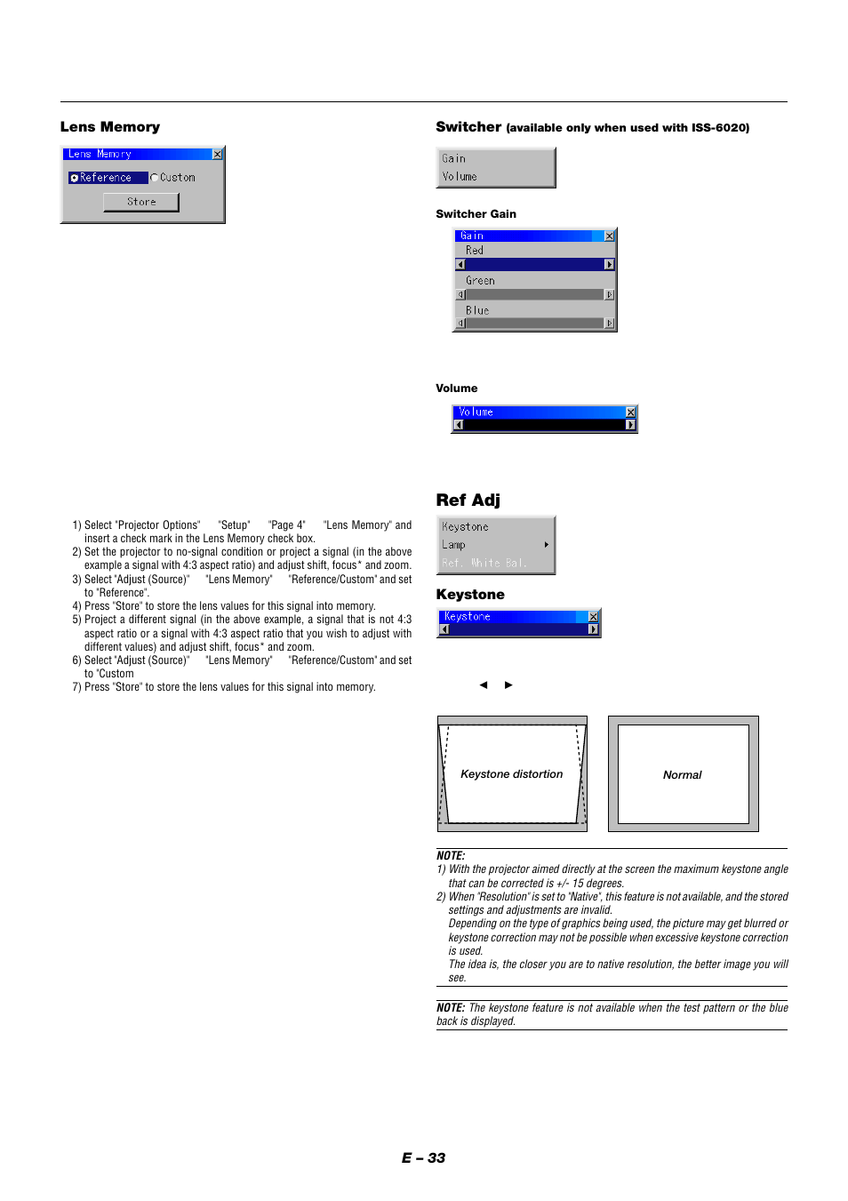 Ref adj, E – 33, Keystone | Switcher | NEC XT9000 User Manual | Page 40 / 54