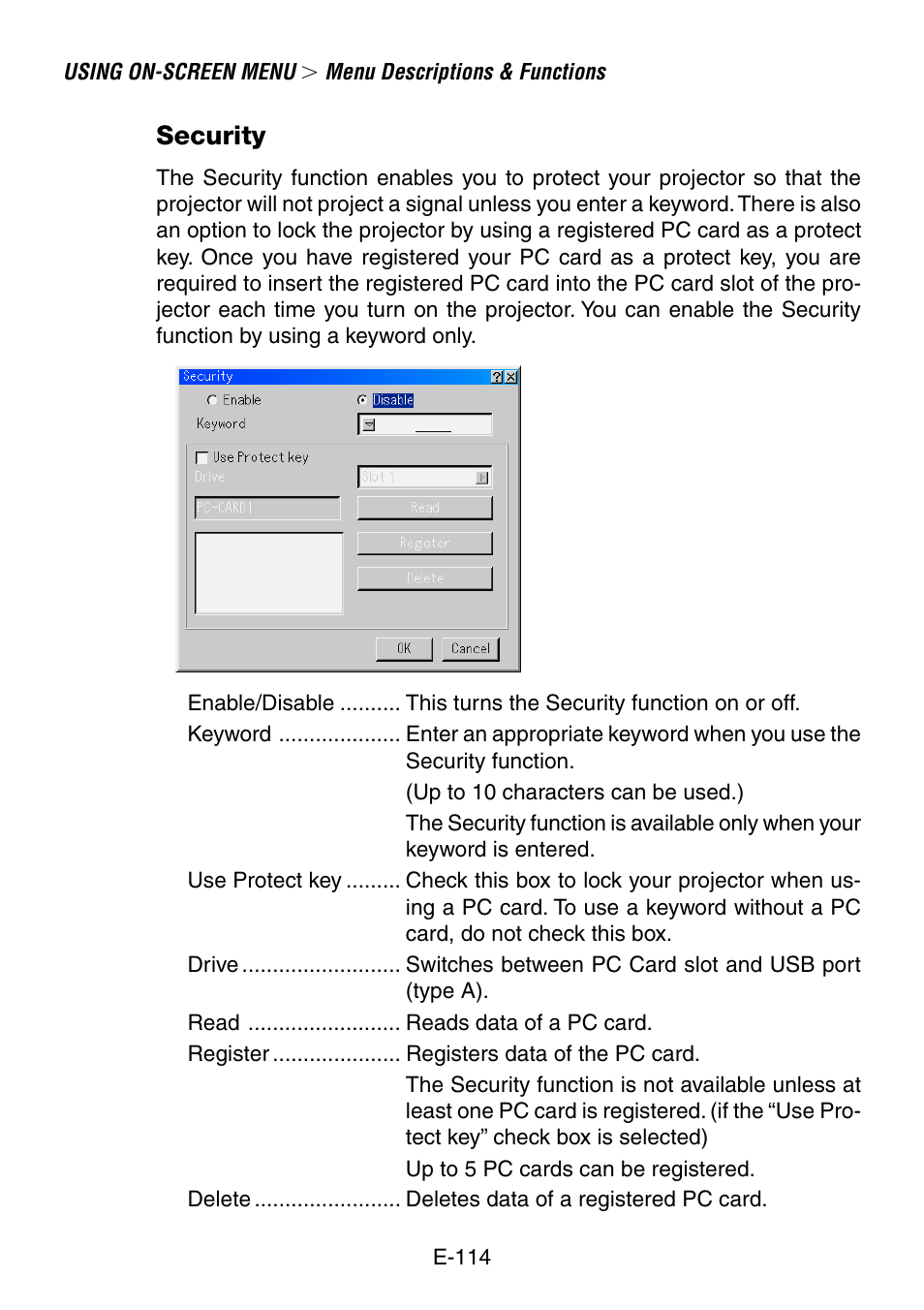 Security | NEC LT240K User Manual | Page 114 / 152