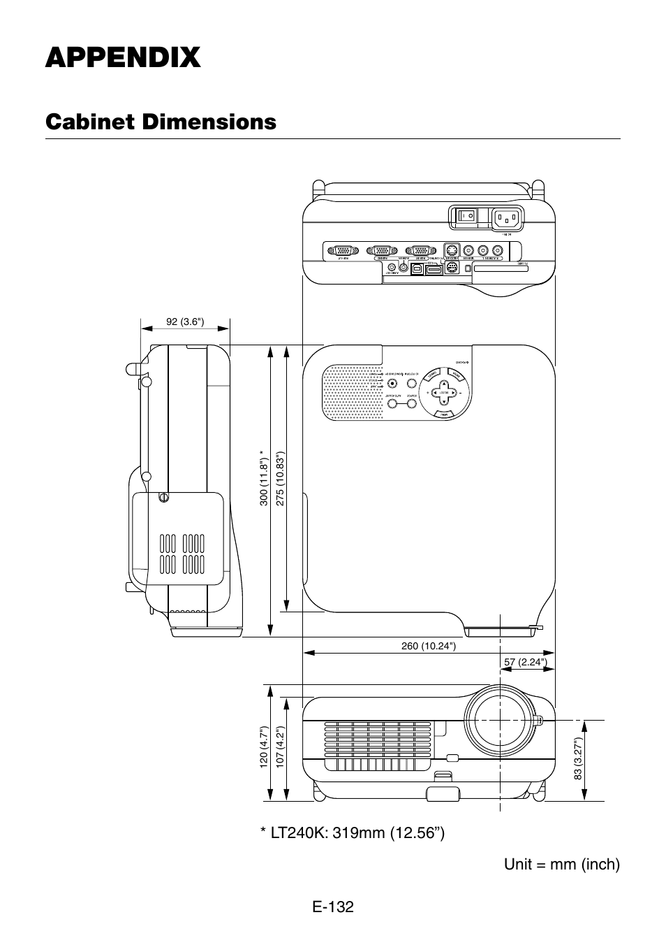 Appendix, Cabinet dimensions | NEC LT240K User Manual | Page 132 / 152